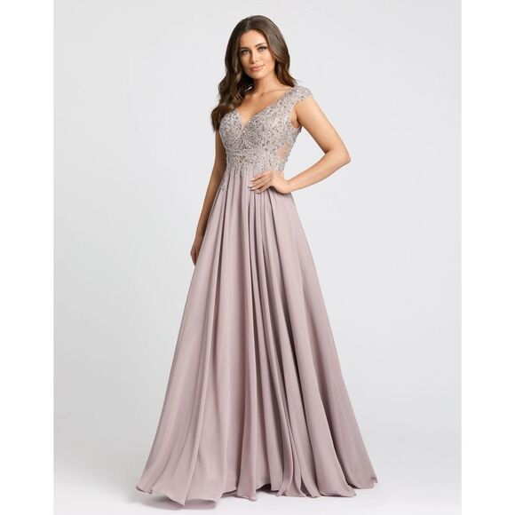 NWT Mac Duggal 20264 Applique Cap Sleeve Bodice Flowy Sequin Gown Lilac Size 6 - Picture 3 of 14